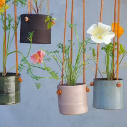 White & Gray Hanging Planter With Leather Straps, Minimalist Pottery Planter, Indoor Gardening Pot, Ceramic Succulent - thumbnail 4