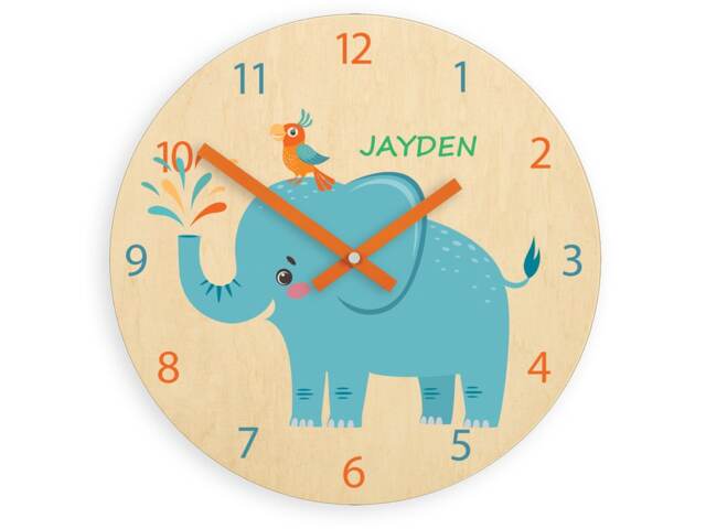 Children Wall Clock - Elephant With Personalizen Name, Wooden Clock, Numbers, Gift, Funny Kids Boy Girl - image 1