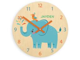 Children Wall Clock - Elephant With Personalizen Name, Wooden Clock, Numbers, Gift, Funny Kids Boy Girl - thumbnail 1