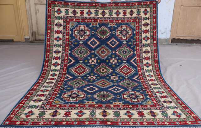 5x7 Navy Blue Kazak Area Rug, Afghan Hand Knotted Natural Dyes Wool Geometric Oriental Turkmen Tribal Bedroom Kitchen Carpet - image 1