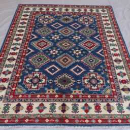 5x7 Navy Blue Kazak Area Rug, Afghan Hand Knotted Natural Dyes Wool Geometric Oriental Turkmen Tribal Bedroom Kitchen Carpet - thumbnail 3
