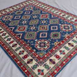 5x7 Navy Blue Kazak Area Rug, Afghan Hand Knotted Natural Dyes Wool Geometric Oriental Turkmen Tribal Bedroom Kitchen Carpet - thumbnail 2