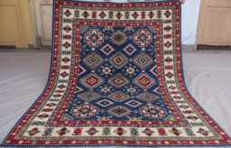 5x7 Navy Blue Kazak Area Rug, Afghan Hand Knotted Natural Dyes Wool Geometric Oriental Turkmen Tribal Bedroom Kitchen Carpet - thumbnail 1