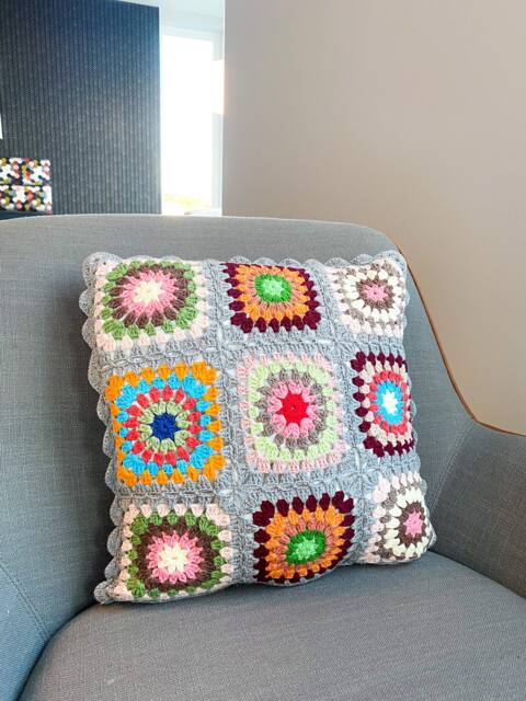 Handmade Granny Square Pillow Cover Multicolor Crochet Afghan Cushion - image 1