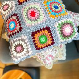 Handmade Granny Square Pillow Cover Multicolor Crochet Afghan Cushion - thumbnail 3