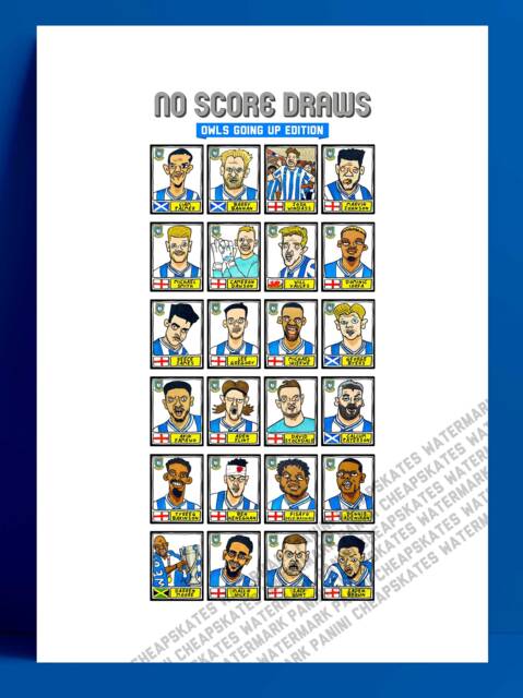 Sheffield Wednesday Vol 2 - No Score Draws Owls Going Up Edition A3 Print Of 24 Hand-Drawn Panini Doodles Swfcs 22/23 Promotion Winners - image 1