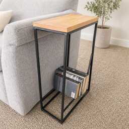 Modern Sofa Side Table With Book Storage, Oak & Steel, Small Bookcase End Table, Custom Size - thumbnail 2