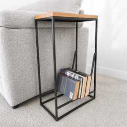 Modern Sofa Side Table With Book Storage, Oak & Steel, Small Bookcase End Table, Custom Size - thumbnail 1