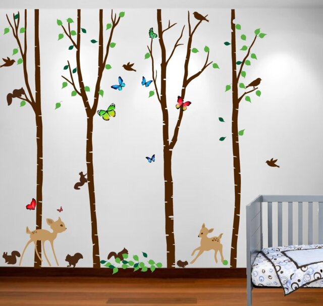 Birch Tree Forest Set With Deer & Flying Birds, Bambi Squirrels Butterflies Baby Giant Wall Sticker Decals #1221 72 - image 1