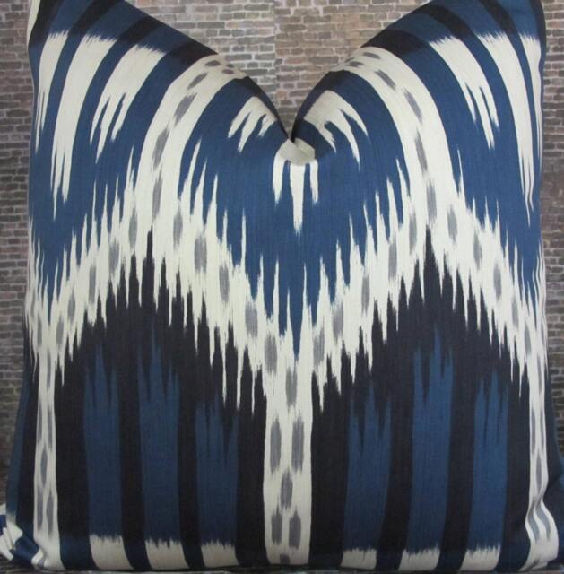 Designer Pillow Cover, Schumacher, Bukhara, Ikat, Indigo - image 1