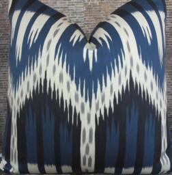 Designer Pillow Cover, Schumacher, Bukhara, Ikat, Indigo - thumbnail 1