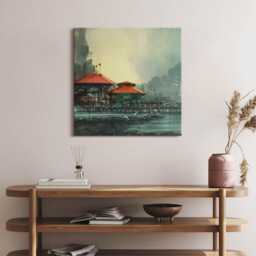 Fishing Village Canvas, Picture Wall Hanging, Green Art, Landscape Canvas Painting - thumbnail 3