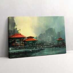 Fishing Village Canvas, Picture Wall Hanging, Green Art, Landscape Canvas Painting - thumbnail 2