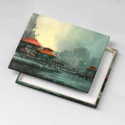 Fishing Village Canvas, Picture Wall Hanging, Green Art, Landscape Canvas Painting - thumbnail 1
