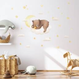 Sleeping Bear Wall Decal With Moon & Clouds, Plastic-Free Kids Room Wall Stickers - thumbnail 1