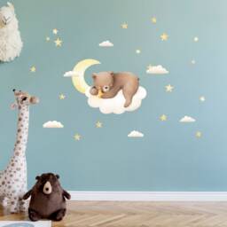 Sleeping Bear Wall Decal With Moon & Clouds, Plastic-Free Kids Room Wall Stickers - thumbnail 3