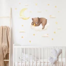 Sleeping Bear Wall Decal With Moon & Clouds, Plastic-Free Kids Room Wall Stickers - thumbnail 2