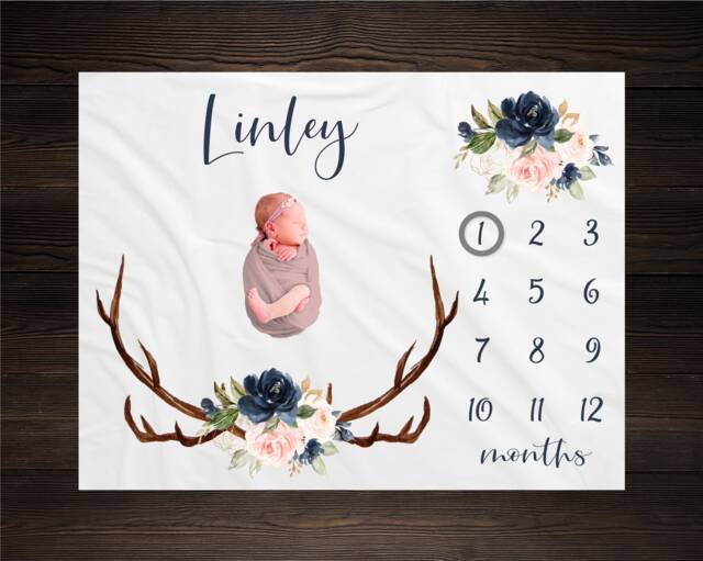Floral Woodland Milestone Blanket Monthly Growth Tracker Antlers Baby Shower Gift Newborn Watch Me Grow Girl - image 1