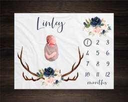 Floral Woodland Milestone Blanket Monthly Growth Tracker Antlers Baby Shower Gift Newborn Watch Me Grow Girl