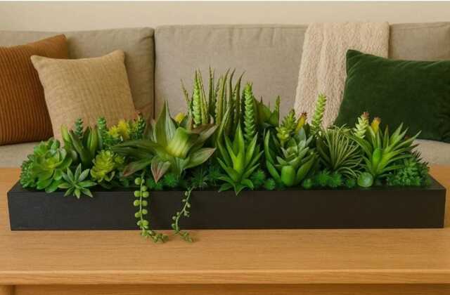 Faux Succulent Planter Artificial Foliage Wood Centrepiece, Modern Decor - image 1