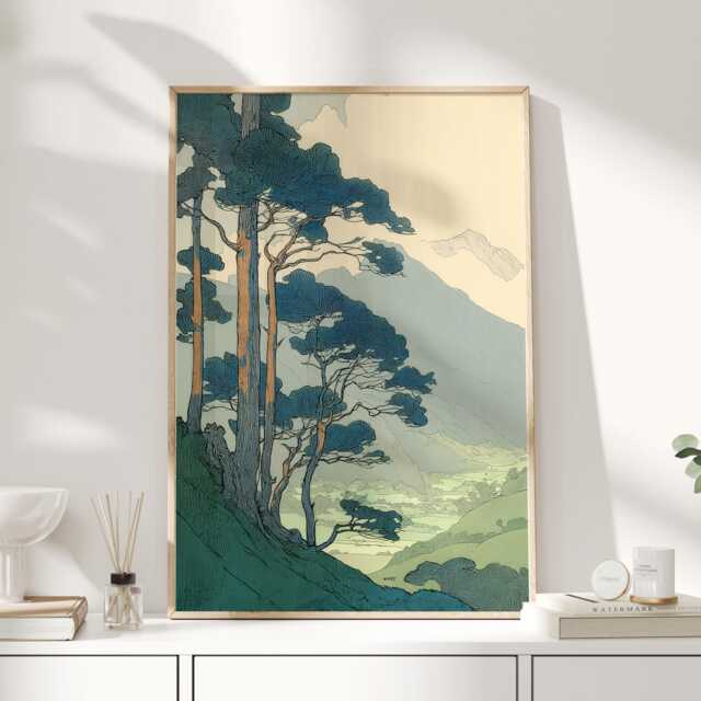 Japanese Woodblock Style Mountain Print, Pine Tree Landscape Poster, Japandi Wall Art, Teal Green Valley Decor - image 1