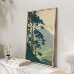 Japanese Woodblock Style Mountain Print, Pine Tree Landscape Poster, Japandi Wall Art, Teal Green Valley Decor - thumbnail 3