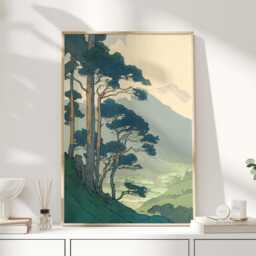 Japanese Woodblock Style Mountain Print, Pine Tree Landscape Poster, Japandi Wall Art, Teal Green Valley Decor - thumbnail 1