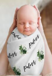 Tropical Baby Swaddle Blanket, Personalized Name Birth Announcement Hospital Newborn Photo, Shower Gift