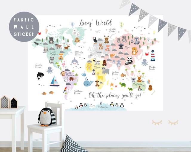 Animal World Map Fabric Wall Sticker Nursery Art - image 1