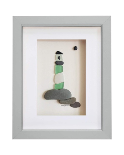 Sea Glass Lighthouse - Pebble Art Picture Framed Handmade Wall Decor Green - image 1