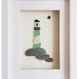 Sea Glass Lighthouse - Pebble Art Picture Framed Handmade Wall Decor Green - thumbnail 2