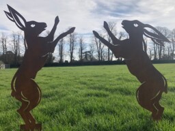 Pair Of Rusty Metal Boxing Hare Garden Statues - Rustic Home Decor