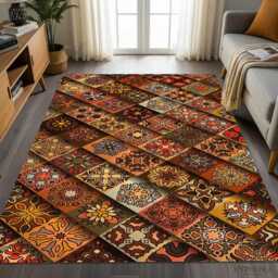 Autumn Moroccan Tile Area Rug Orange & Brown Nonslip Washable Carpet