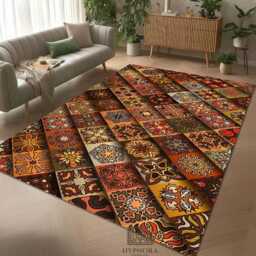 Autumn Moroccan Tile Area Rug Orange & Brown Nonslip Washable Carpet - thumbnail 2