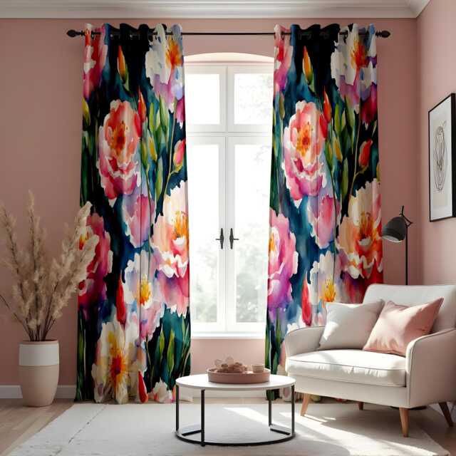 Floral Watercolor Curtain, Pink & White Peony Drape With Green Leaves, Vibrant Nature Inspired Window Treatment, Custom Size Available - image 1