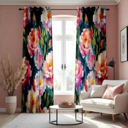 Floral Watercolor Curtain, Pink & White Peony Drape With Green Leaves, Vibrant Nature Inspired Window Treatment, Custom Size Available - thumbnail 1