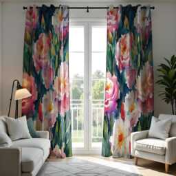Floral Watercolor Curtain, Pink & White Peony Drape With Green Leaves, Vibrant Nature Inspired Window Treatment, Custom Size Available - thumbnail 2
