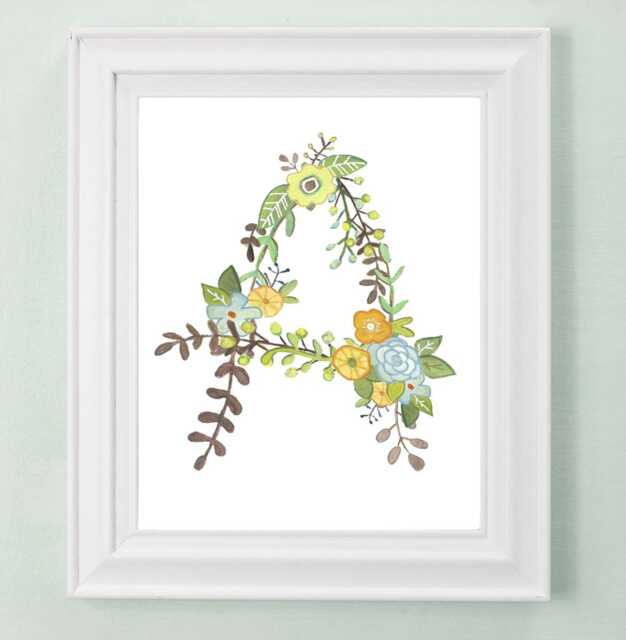 Floral Letter Art Print Hand-Painted Nursery Initial - image 1