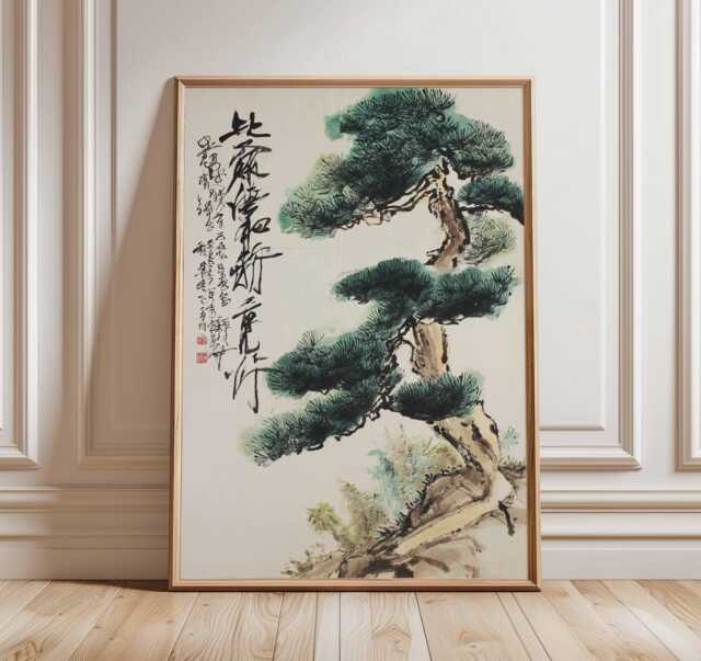 Ancient Pine Tree Wall Art, Japanese Nature Poster Print, Zen Botanical Decor, Oriental Painting, Calm Forest Artwork - image 1
