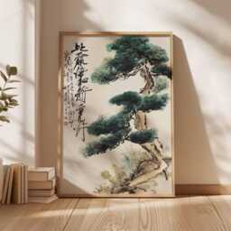 Ancient Pine Tree Wall Art, Japanese Nature Poster Print, Zen Botanical Decor, Oriental Painting, Calm Forest Artwork - thumbnail 2