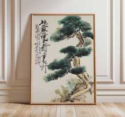Ancient Pine Tree Wall Art, Japanese Nature Poster Print, Zen Botanical Decor, Oriental Painting, Calm Forest Artwork - thumbnail 1