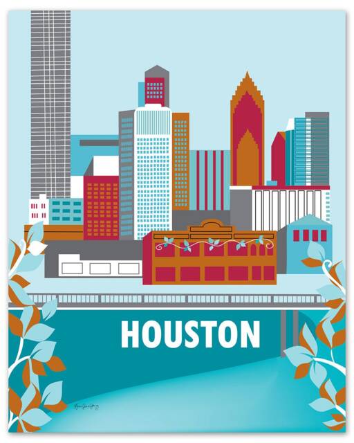 Houston Skyline Print, Texas Poster, Vertical Giclee Nursery Art - Style E8-O-Hous2 - image 1
