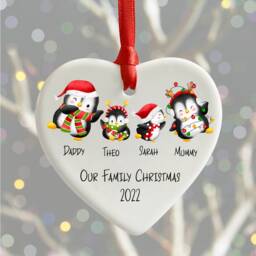 Personalised Penguin Family Christmas Ornament Heart Ceramic Bauble - thumbnail 2