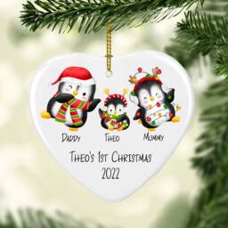 Personalised Penguin Family Christmas Ornament Heart Ceramic Bauble - thumbnail 1