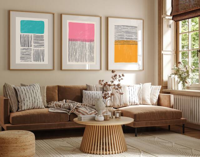 Abstract Geometric Multicoloured Wall Art Teal, Yellow & Pink Art, Abstract Art, Large Prints, Living Room Prints, A2 - image 1