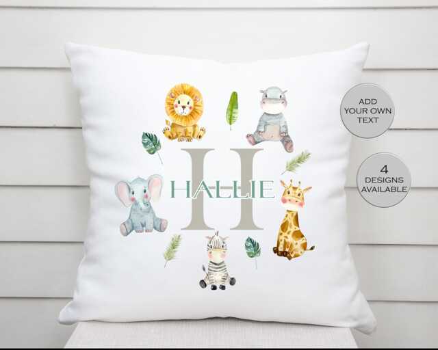 Personalised Safari Animal Cushion - Jungle Pillow Custom Name Nursery Decor - image 1