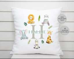Personalised Safari Animal Cushion - Jungle Pillow Custom Name Nursery Decor