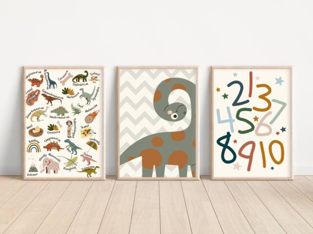 Dinosaur Themed Prints. Alphabet, Numbers & Dino Gender Neutral Wall Art - Prints Only, Unframed - image 1