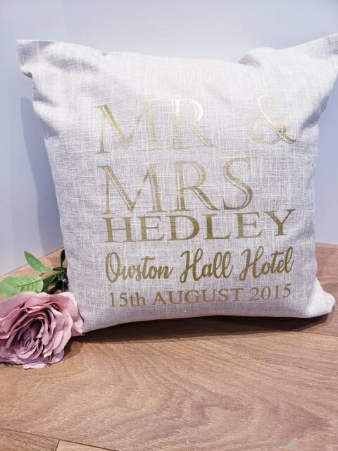 Personalized Mr & Mrs Cushion, Gold Print Wedding Gift - image 1
