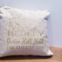 Personalized Mr & Mrs Cushion, Gold Print Wedding Gift - thumbnail 4